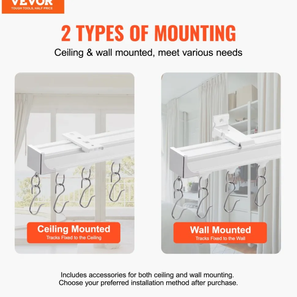 VEVOR Ceiling Curtain Track Set, 8.9 FT/2.7 Meter, Sliding Ceiling Track System for Curtains, Room Divider Curtain Track Ceiling/Wall Mounted for Living Room Bedroom with Hooks and Hardware, White