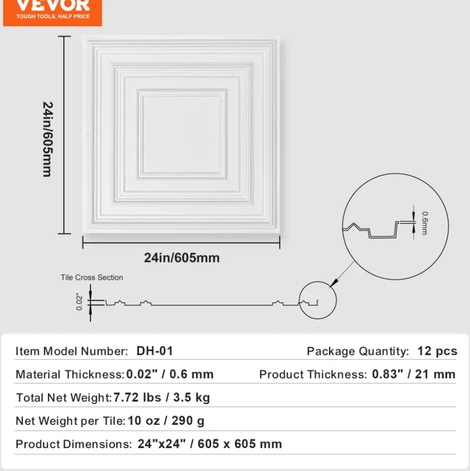 VEVOR Ceiling Tiles, 12-Pack 24 x 24 in, Drop Ceiling Tiles Premium PVC Sheet, Easy Installation/ Cutting Plastic Glue-up Ceiling Tile, Ceiling Covering for Home/Office Decoration, White Peg Pattern
