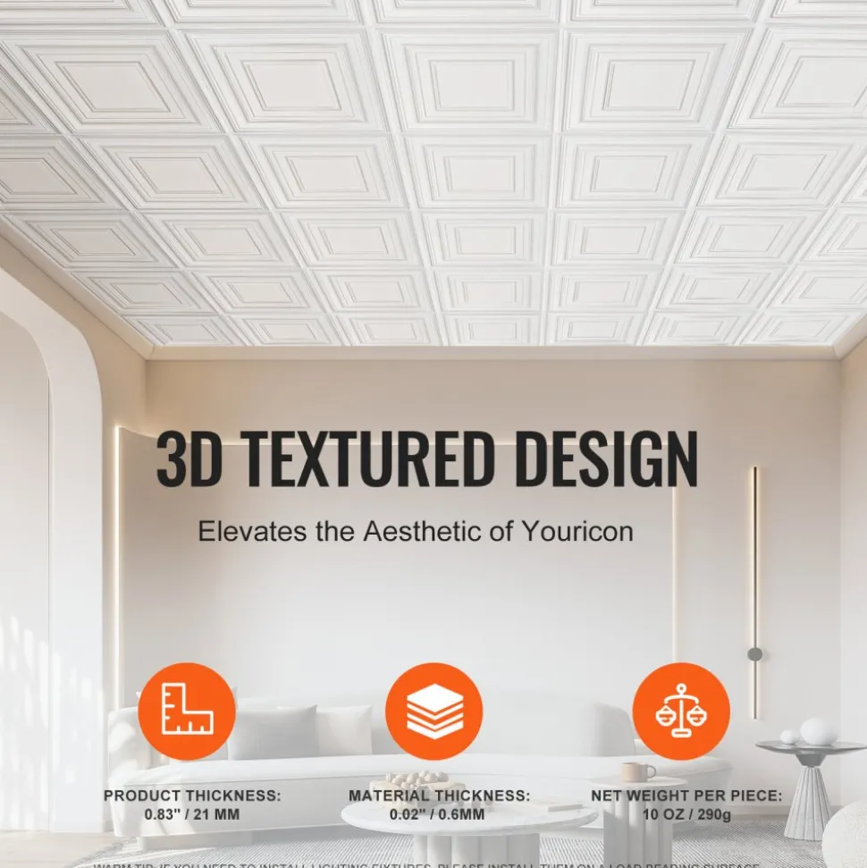 VEVOR Ceiling Tiles, 12-Pack 24 x 24 in, Drop Ceiling Tiles Premium PVC Sheet, Easy Installation/ Cutting Plastic Glue-up Ceiling Tile, Ceiling Covering for Home/Office Decoration, White Peg Pattern