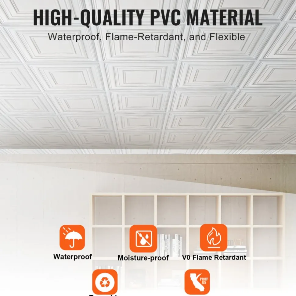 VEVOR Ceiling Tiles, 12-Pack 24 x 24 in, Drop Ceiling Tiles Premium PVC Sheet, Easy Installation/ Cutting Plastic Glue-up Ceiling Tile, Ceiling Covering for Home/Office Decoration, White Peg Pattern