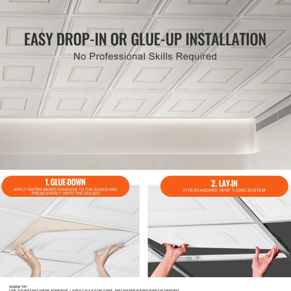 VEVOR Ceiling Tiles, 12-Pack 24 x 24 in, Drop Ceiling Tiles Premium PVC Sheet, Easy Installation/ Cutting Plastic Glue-up Ceiling Tile, Ceiling Covering for Home/Office Decoration, White Geometric