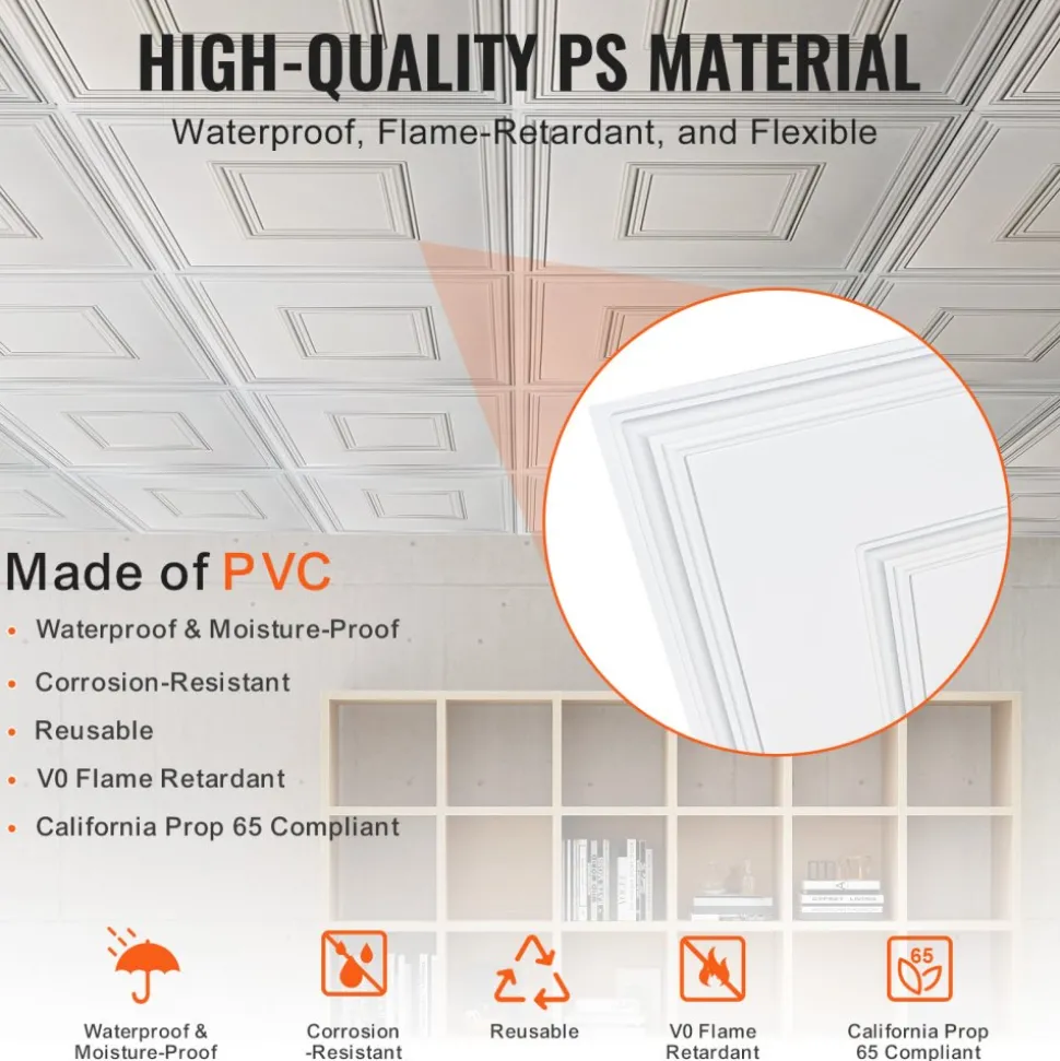 VEVOR Ceiling Tiles, 12-Pack 24 x 24 in, Drop Ceiling Tiles Premium PVC Sheet, Easy Installation/ Cutting Plastic Glue-up Ceiling Tile, Ceiling Covering for Home/Office Decoration, White Geometric