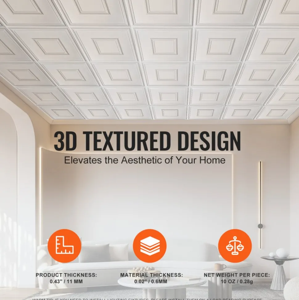 VEVOR Ceiling Tiles, 12-Pack 24 x 24 in, Drop Ceiling Tiles Premium PVC Sheet, Easy Installation/ Cutting Plastic Glue-up Ceiling Tile, Ceiling Covering for Home/Office Decoration, White Geometric