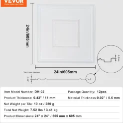 VEVOR Ceiling Tiles, 12-Pack 24 x 24 in, Drop Ceiling Tiles Premium PVC Sheet, Easy Installation/ Cutting Plastic Glue-up Ceiling Tile, Ceiling Covering for Home/Office Decoration, White Geometric