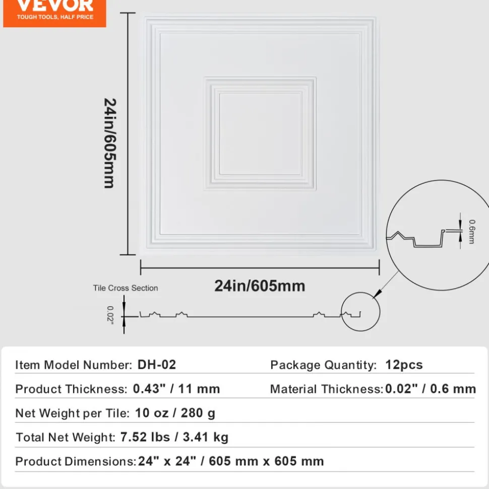 VEVOR Ceiling Tiles, 12-Pack 24 x 24 in, Drop Ceiling Tiles Premium PVC Sheet, Easy Installation/ Cutting Plastic Glue-up Ceiling Tile, Ceiling Covering for Home/Office Decoration, White Geometric