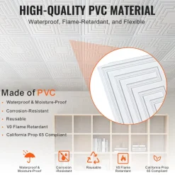 VEVOR Ceiling Tiles, 12-Pack 24 x 24 in, Drop Ceiling Tiles Premium PVC Sheet, Easy Installation/ Cutting Plastic Glue-up Ceiling Tile, Ceiling Covering for Home/Office Decoration, White Echo Pattern