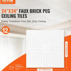 VEVOR Ceiling Tiles, 12-Pack 24 x 24 in, Drop Ceiling Tiles Premium PVC Sheet, Easy Installation/ Cutting Plastic Glue-up Ceiling Tile, Ceiling Covering for Home/Office Decoration, White Echo Pattern