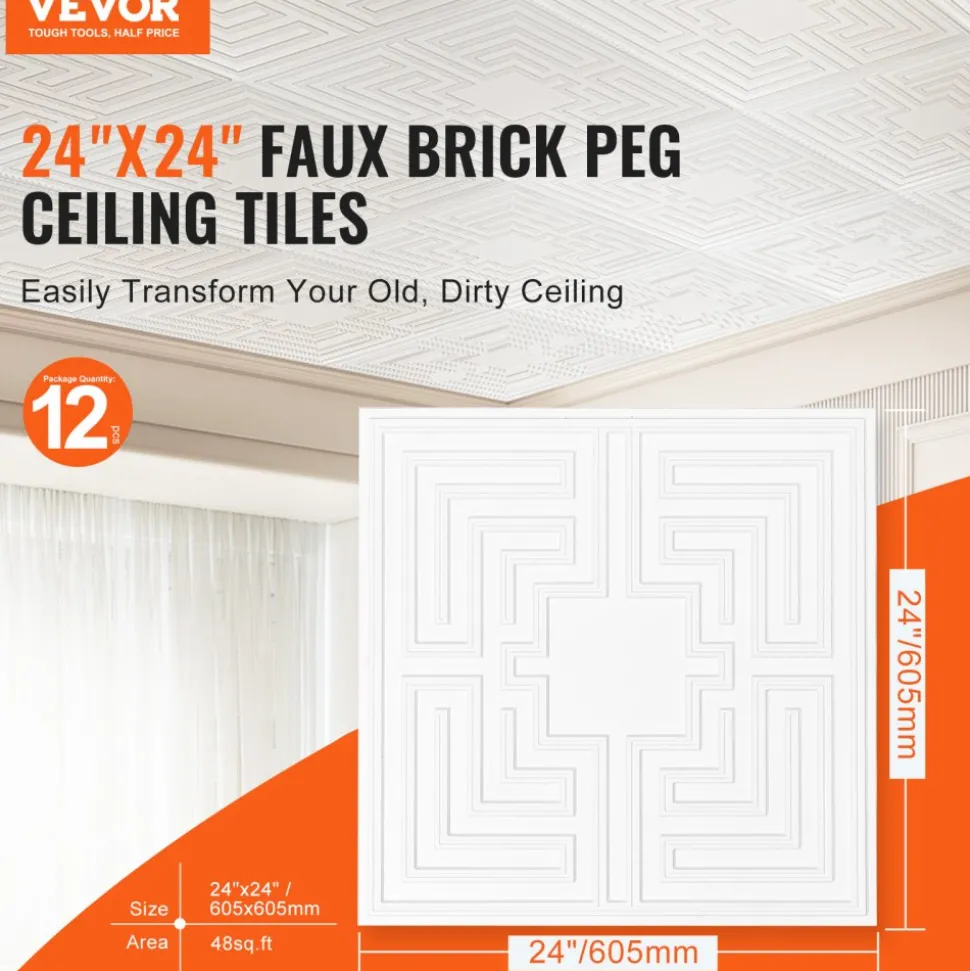 VEVOR Ceiling Tiles, 12-Pack 24 x 24 in, Drop Ceiling Tiles Premium PVC Sheet, Easy Installation/ Cutting Plastic Glue-up Ceiling Tile, Ceiling Covering for Home/Office Decoration, White Echo Pattern