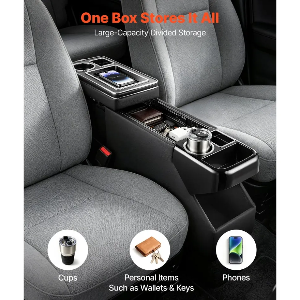 VEVOR Center Console Between Seat Floor Mount Console Storage Box, Central-Console Tools Organizer with Sliding Lid, Cups Holders & Multiple Storage Compartments for Trucks, Minivans, SUVs