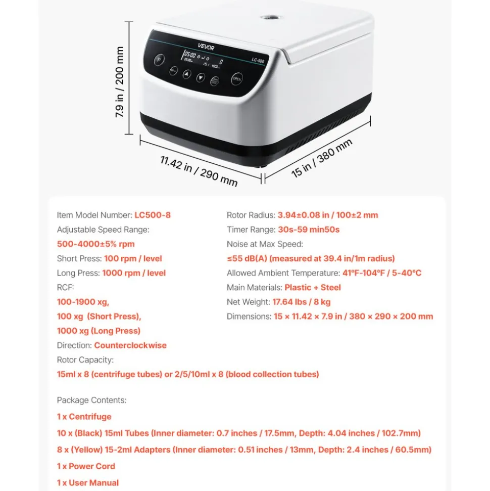 VEVOR Centrifuge Machine, 100-1900xg RCF Electric Laboratory Centrifuge Machine with 1 Rotor for 2/5/10/15ml Tube Capacity, Low Speed 500-4000rpm with Timer, Widely Used in Various Experiments