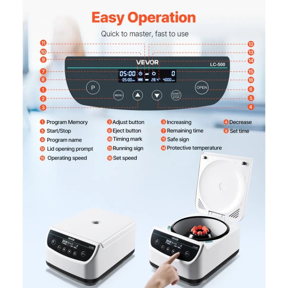 VEVOR Centrifuge Machine, 100-1900xg RCF Electric Laboratory Centrifuge Machine with 1 Rotor for 2/5/10/15ml Tube Capacity, Low Speed 500-4000rpm with Timer, Widely Used in Various Experiments