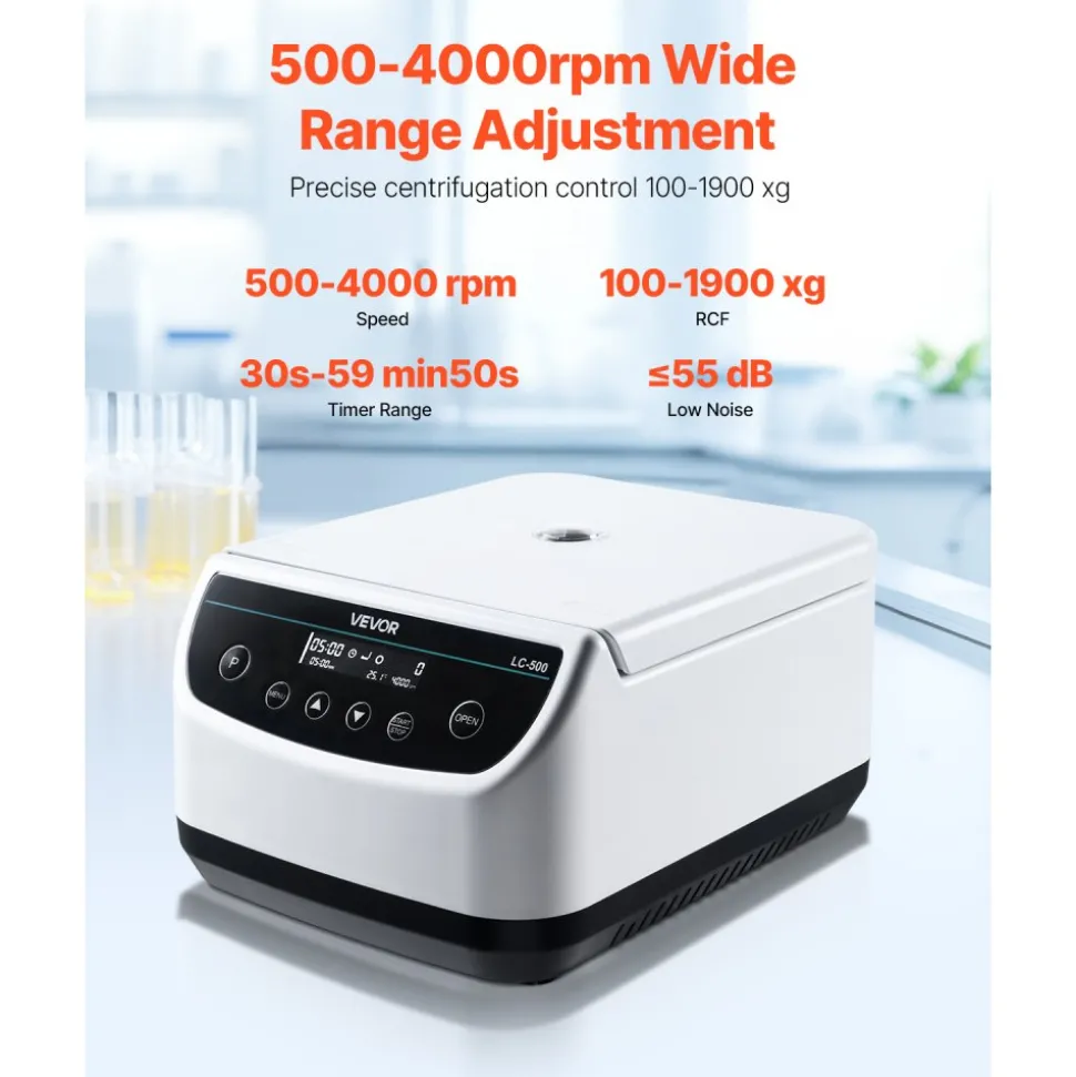 VEVOR Centrifuge Machine, 100-1900xg RCF Electric Laboratory Centrifuge Machine with 1 Rotor for 2/5/10/15ml Tube Capacity, Low Speed 500-4000rpm with Timer, Widely Used in Various Experiments