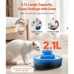VEVOR Ceramic Cat Water Fountain, 2.1L/71oz Cupcake Pet Fountain, Porcelain Cat Water Dispenser with Ultra-Quiet Pump, 360° Drinking Area and Multi-Layer Filtration System, for Cats and Dogs (Blue)