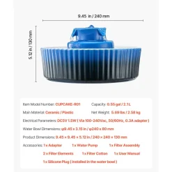 VEVOR Ceramic Cat Water Fountain, 2.1L/71oz Cupcake Pet Fountain, Porcelain Cat Water Dispenser with Ultra-Quiet Pump, 360° Drinking Area and Multi-Layer Filtration System, for Cats and Dogs (Blue)