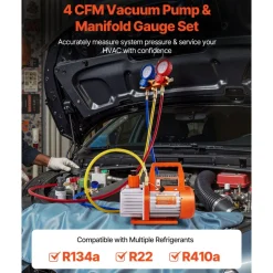 VEVOR 4 CFM AC Vacuum Pump and Gauge Set, 1/3 HP, Single Stage Rotary Vane HVAC Air Vacuum Pump, A/C Refrigerant Manifold Gauge Kit, with Leak Detector, Carry Bag, for R134a R22 R410a Refrigerants