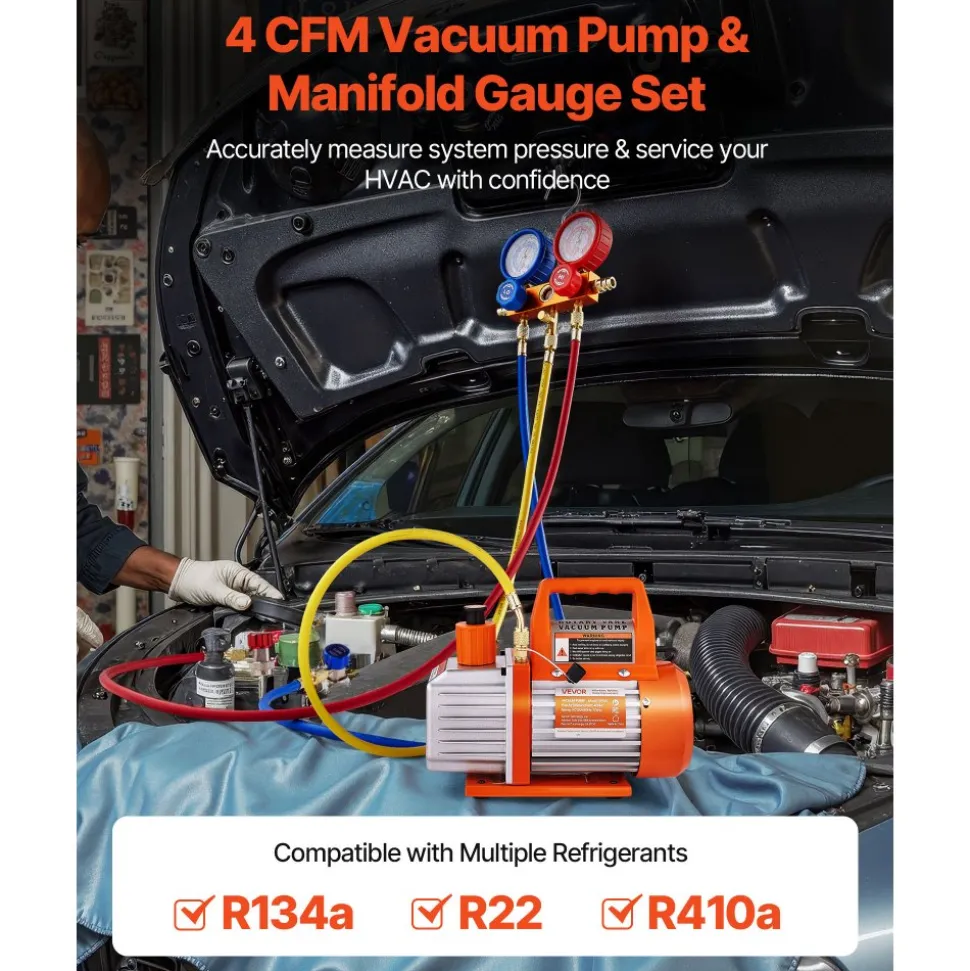 VEVOR 4 CFM AC Vacuum Pump and Gauge Set, 1/3 HP, Single Stage Rotary Vane HVAC Air Vacuum Pump, A/C Refrigerant Manifold Gauge Kit, with Leak Detector, Carry Bag, for R134a R22 R410a Refrigerants