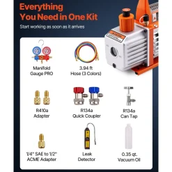 VEVOR 4 CFM AC Vacuum Pump and Gauge Set, 1/3 HP, Single Stage Rotary Vane HVAC Air Vacuum Pump, A/C Refrigerant Manifold Gauge Kit, with Leak Detector, Carry Bag, for R134a R22 R410a Refrigerants