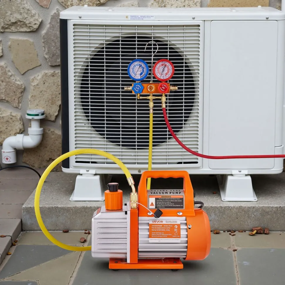 VEVOR 4 CFM AC Vacuum Pump and Gauge Set, 1/3 HP, Single Stage Rotary Vane HVAC Air Vacuum Pump, A/C Refrigerant Manifold Gauge Kit, with Leak Detector, Carry Bag, for R134a R22 R410a Refrigerants