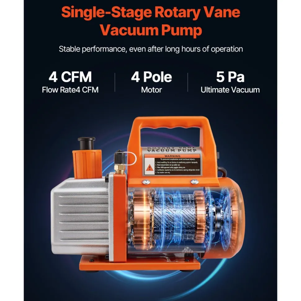 VEVOR 4 CFM AC Vacuum Pump and Gauge Set, 1/3 HP, Single Stage Rotary Vane HVAC Air Vacuum Pump, A/C Refrigerant Manifold Gauge Kit, with Leak Detector, Carry Bag, for R134a R22 R410a Refrigerants