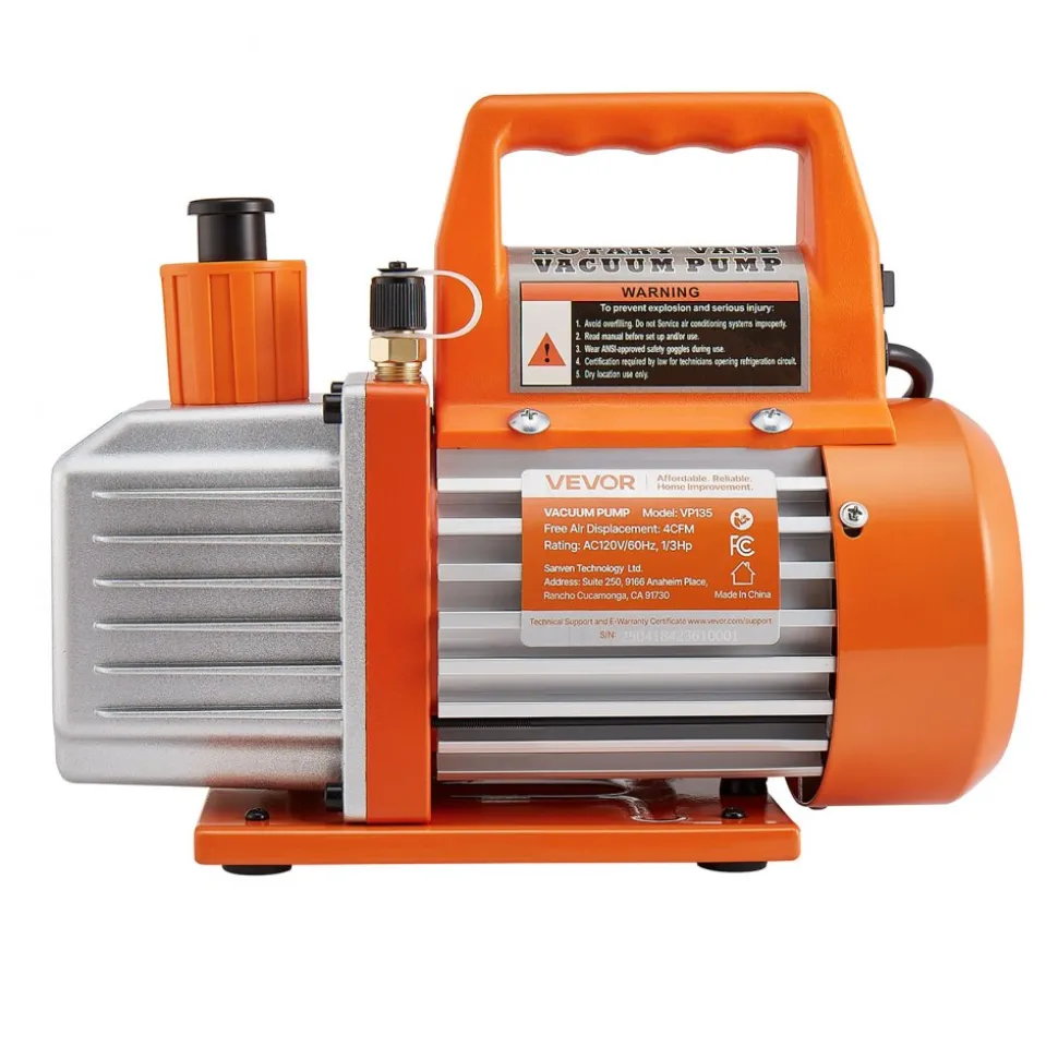VEVOR 4 CFM AC Vacuum Pump and Gauge Set, 1/3 HP, Single Stage Rotary Vane HVAC Air Vacuum Pump, A/C Refrigerant Manifold Gauge Kit, with Leak Detector, Carry Bag, for R134a R22 R410a Refrigerants