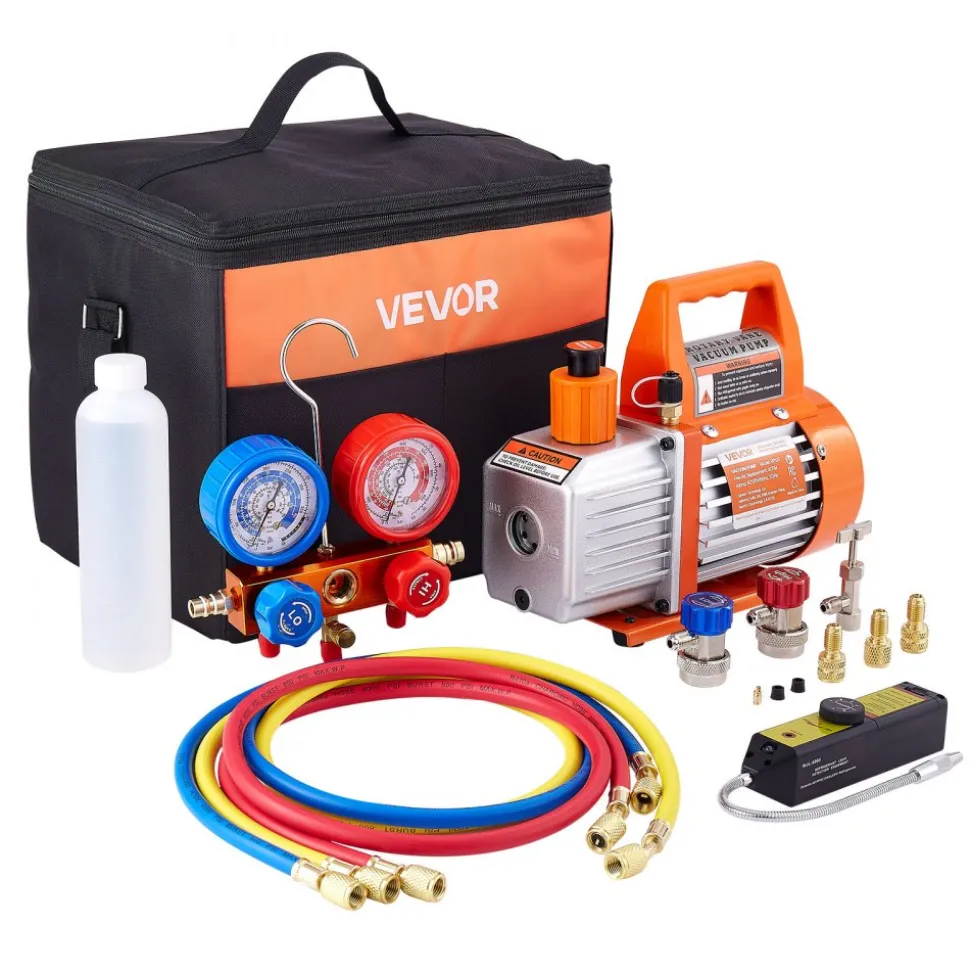 VEVOR 4 CFM AC Vacuum Pump and Gauge Set, 1/3 HP, Single Stage Rotary Vane HVAC Air Vacuum Pump, A/C Refrigerant Manifold Gauge Kit, with Leak Detector, Carry Bag, for R134a R22 R410a Refrigerants