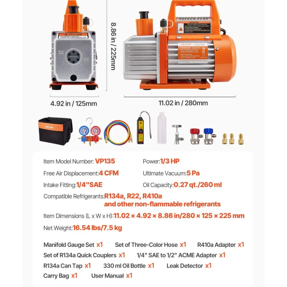 VEVOR 4 CFM AC Vacuum Pump and Gauge Set, 1/3 HP, Single Stage Rotary Vane HVAC Air Vacuum Pump, A/C Refrigerant Manifold Gauge Kit, with Leak Detector, Carry Bag, for R134a R22 R410a Refrigerants
