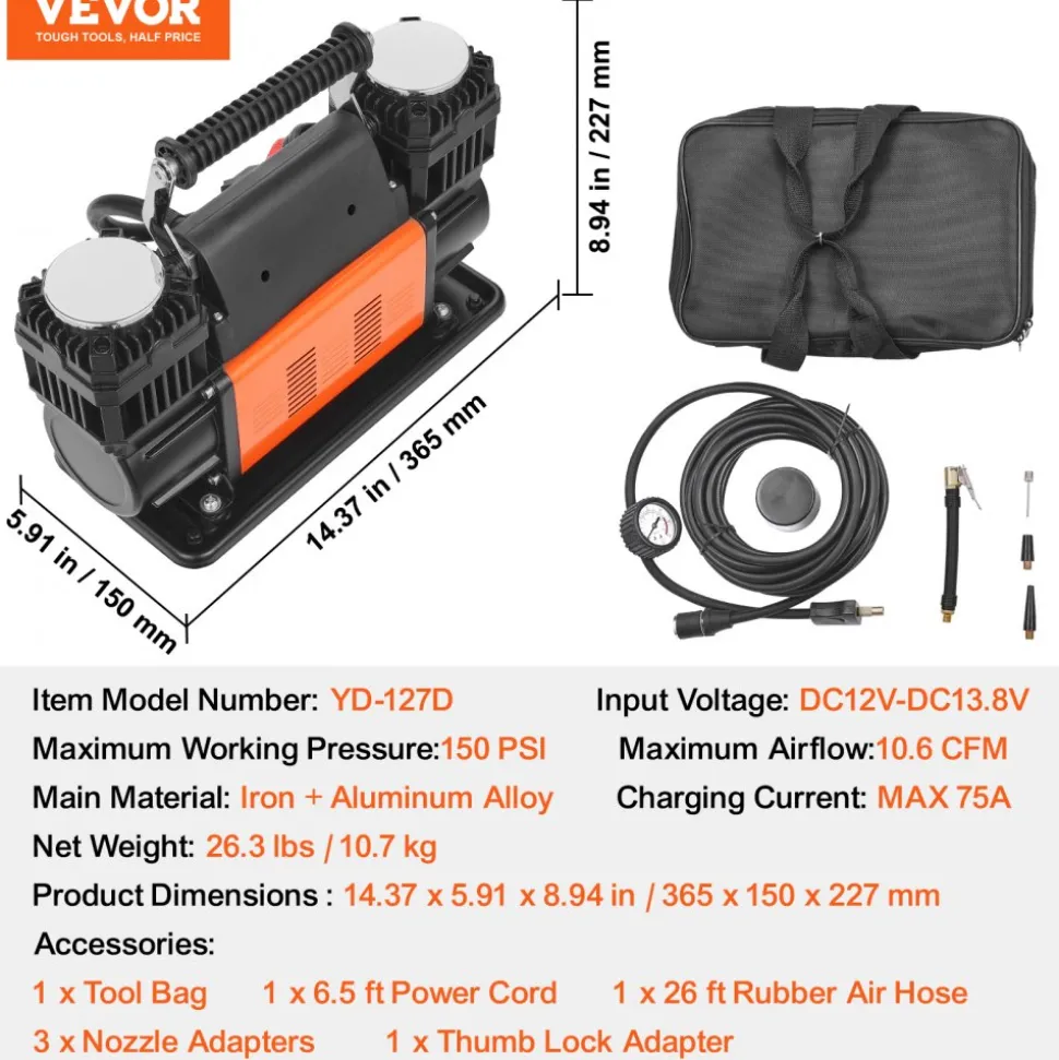 VEVOR 10.6 CFM Heavy Duty Air Compressor, 30s Fast Inflation | Dual-Cylinder Portable Tire Inflator, 12V 150PSI Offroad Air Pump with Adapters for Trucks Car SUV 4 x 4 Vehicle RV