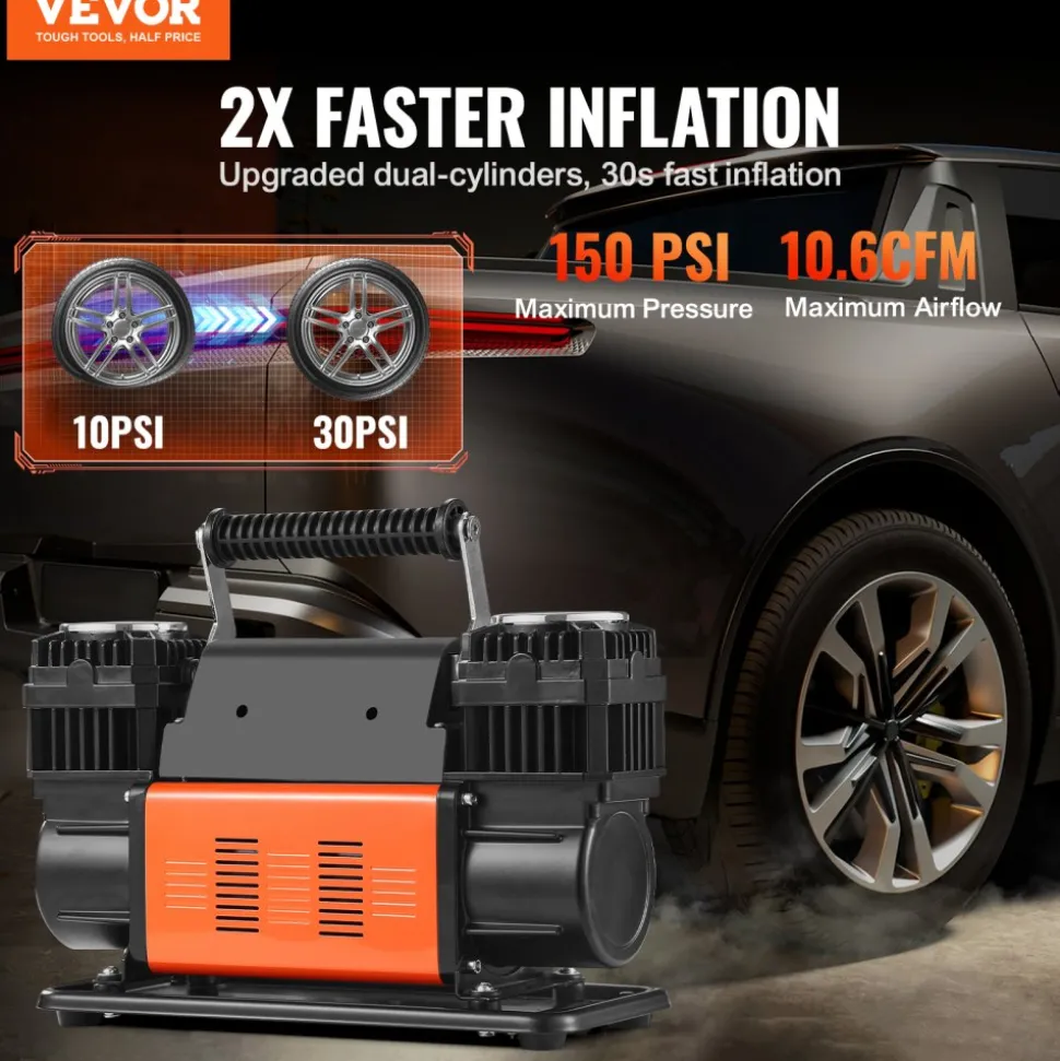 VEVOR 10.6 CFM Heavy Duty Air Compressor, 30s Fast Inflation | Dual-Cylinder Portable Tire Inflator, 12V 150PSI Offroad Air Pump with Adapters for Trucks Car SUV 4 x 4 Vehicle RV