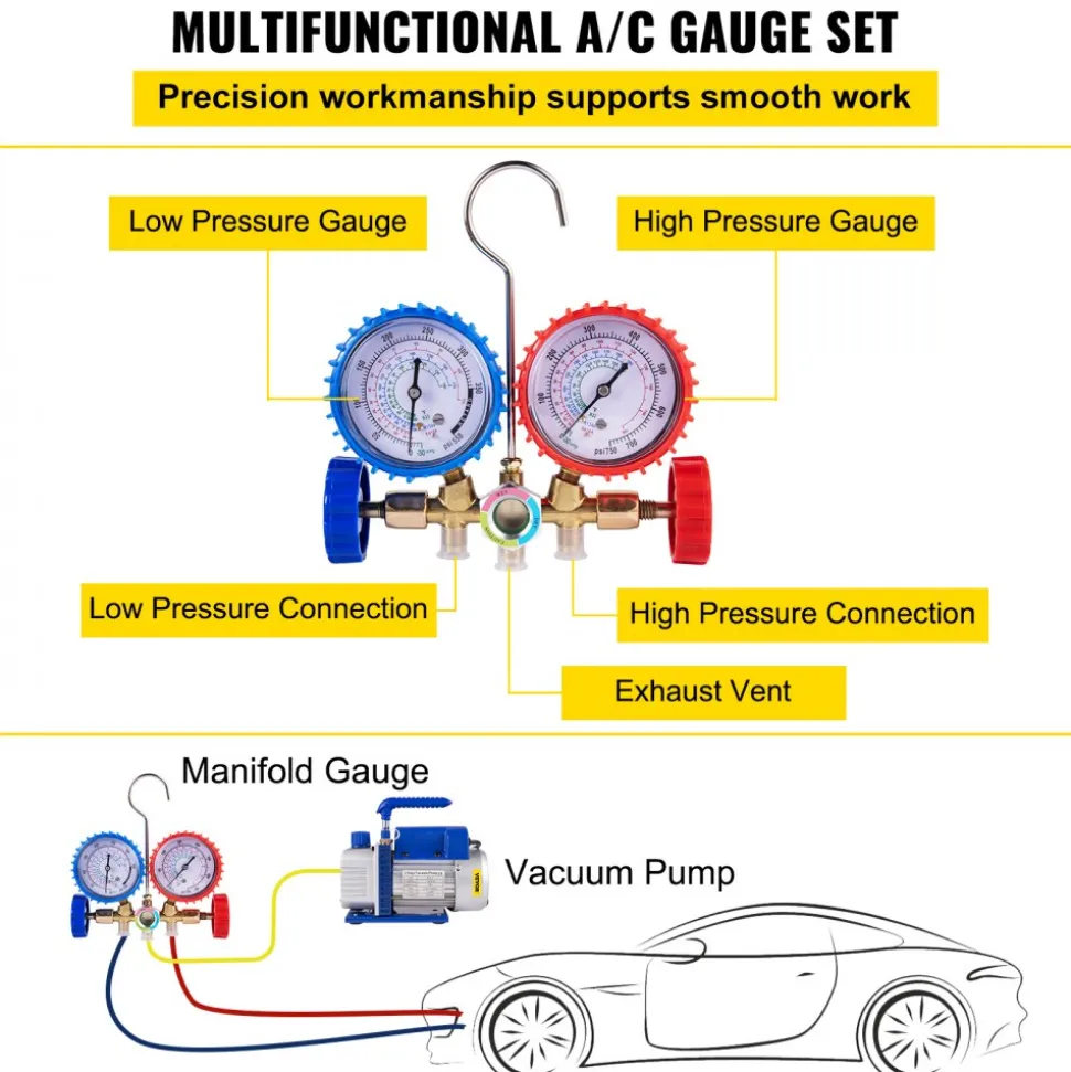 VEVOR 3CFM 1/4HP Single Stage Air Vacuum Pump HVAC R134a R12 R22 R410a A/C Refrigeration Kit AC Manifold Gauge R134 Can Tap Included Carrying Tote