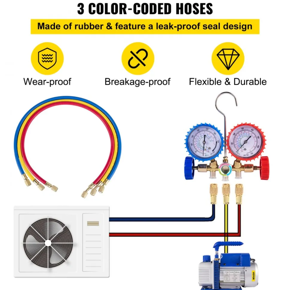 VEVOR 3CFM 1/4HP Single Stage Air Vacuum Pump HVAC R134a R12 R22 R410a A/C Refrigeration Kit AC Manifold Gauge R134 Can Tap Included Carrying Tote