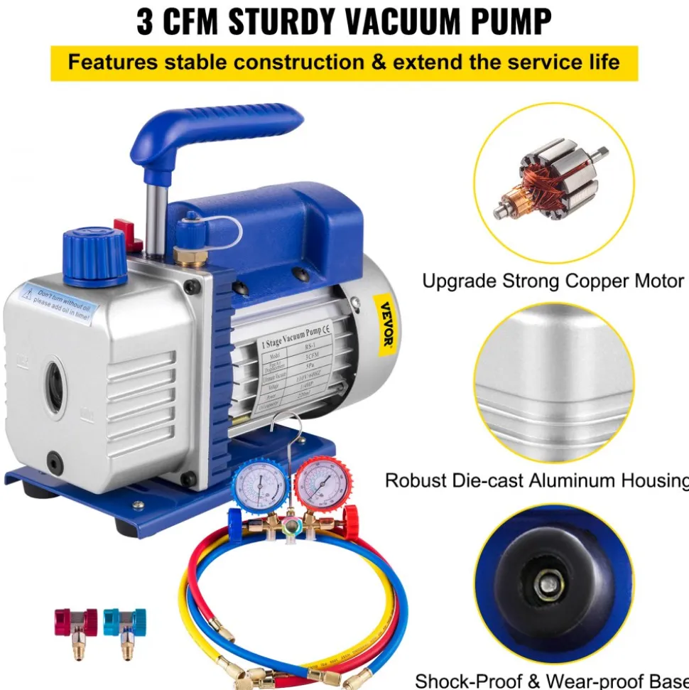 VEVOR 3CFM 1/4HP Single Stage Air Vacuum Pump HVAC R134a R12 R22 R410a A/C Refrigeration Kit AC Manifold Gauge R134 Can Tap Included Carrying Tote