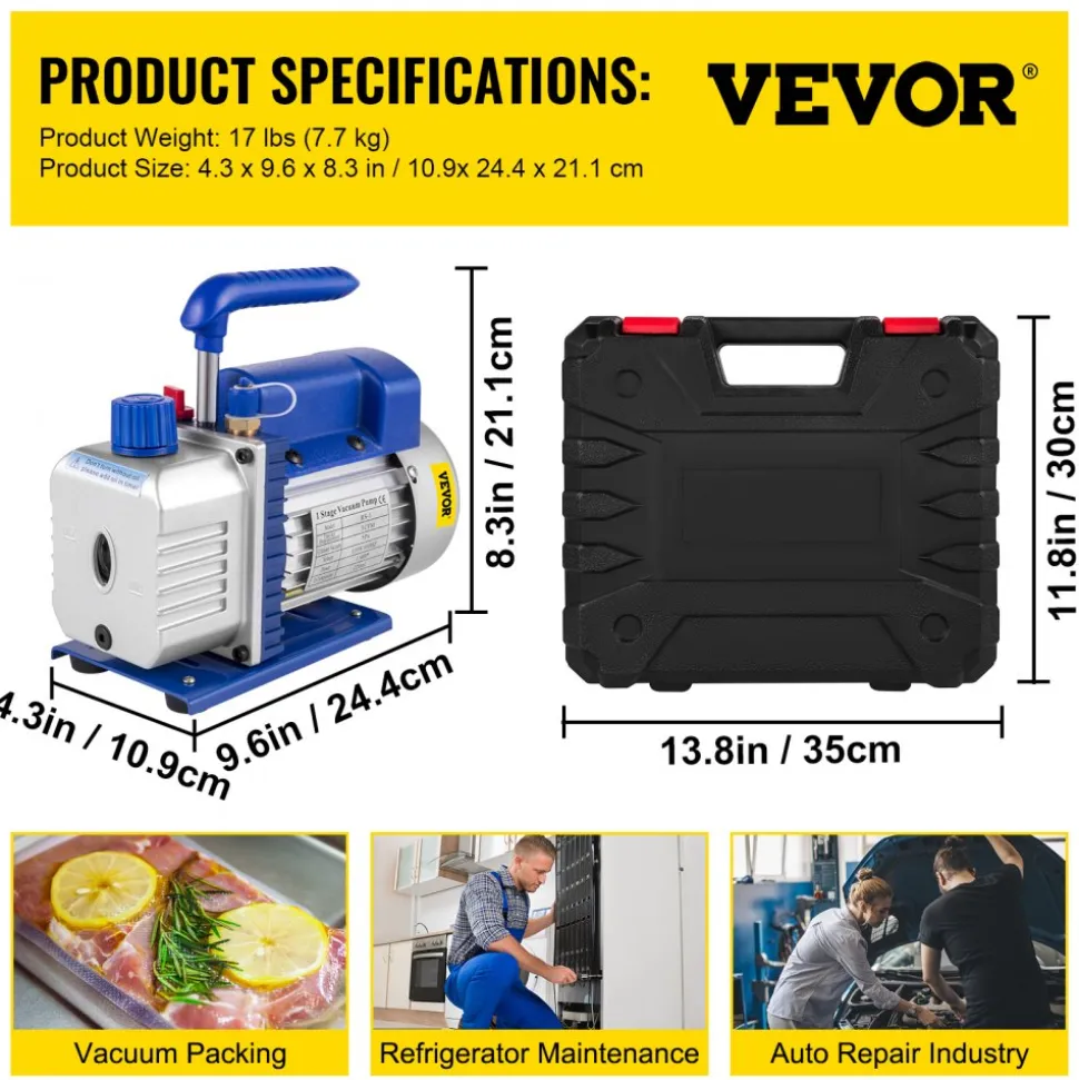 VEVOR 3CFM 1/4HP Single Stage Air Vacuum Pump HVAC R134a R12 R22 R410a A/C Refrigeration Kit AC Manifold Gauge R134 Can Tap Included Carrying Tote