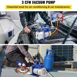 VEVOR 3CFM 1/4HP Single Stage Air Vacuum Pump HVAC R134a R12 R22 R410a A/C Refrigeration Kit AC Manifold Gauge R134 Can Tap Included Carrying Tote