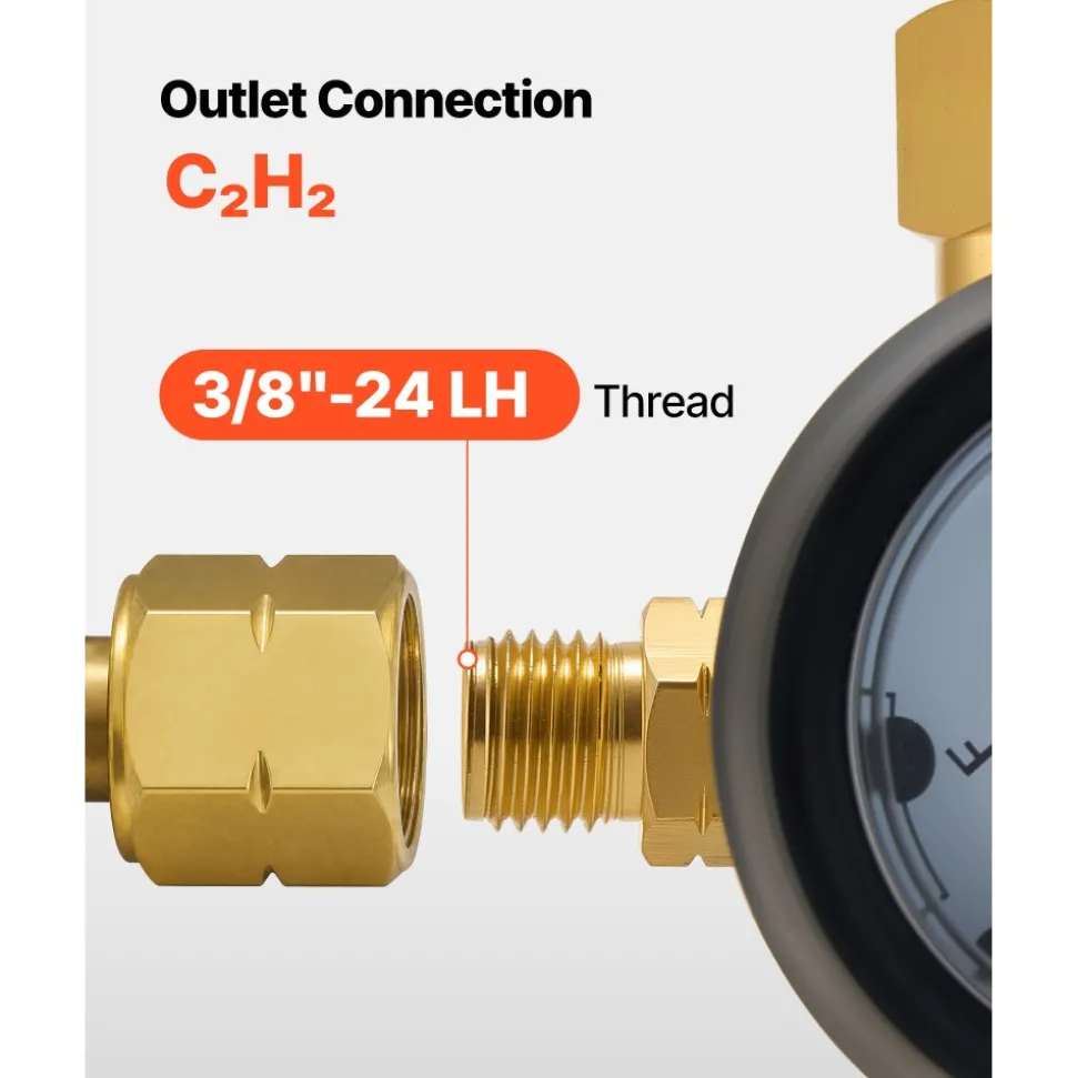 VEVOR CGA200 Acetylene Regulator for Small MC Tanks, AR-MC Air Acetylene Regulator Gauge with 3/8"-24 LH Outlet Connection, Heavy-Duty Brass Body for Welding Brazing Applications