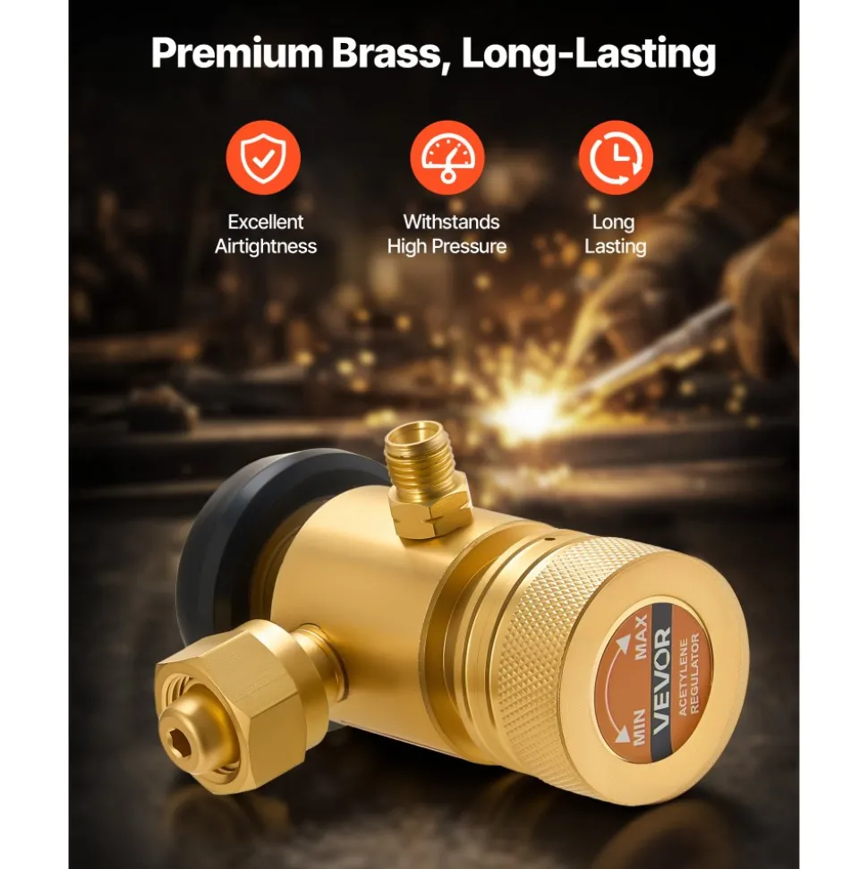 VEVOR CGA200 Acetylene Regulator for Small MC Tanks, AR-MC Air Acetylene Regulator Gauge with 3/8"-24 LH Outlet Connection, Heavy-Duty Brass Body for Welding Brazing Applications