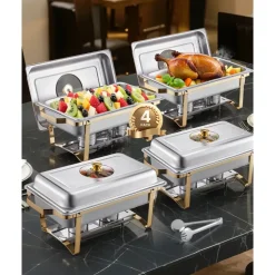 VEVOR Chafing Dish Buffet Set, 8 Qt 2 Pack, Stainless Steel Chafer with 2 Full Size Pans, Rectangle Catering Warmer Server with Lid Water Pan Stand Fuel Holder, for Wedding Party Banquet, Rose Gold