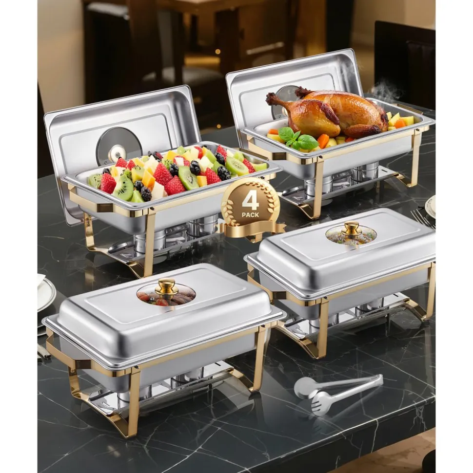 VEVOR Chafing Dish Buffet Set, 8 Qt 2 Pack, Stainless Steel Chafer with 2 Full Size Pans, Rectangle Catering Warmer Server with Lid Water Pan Stand Fuel Holder, for Wedding Party Banquet, Rose Gold