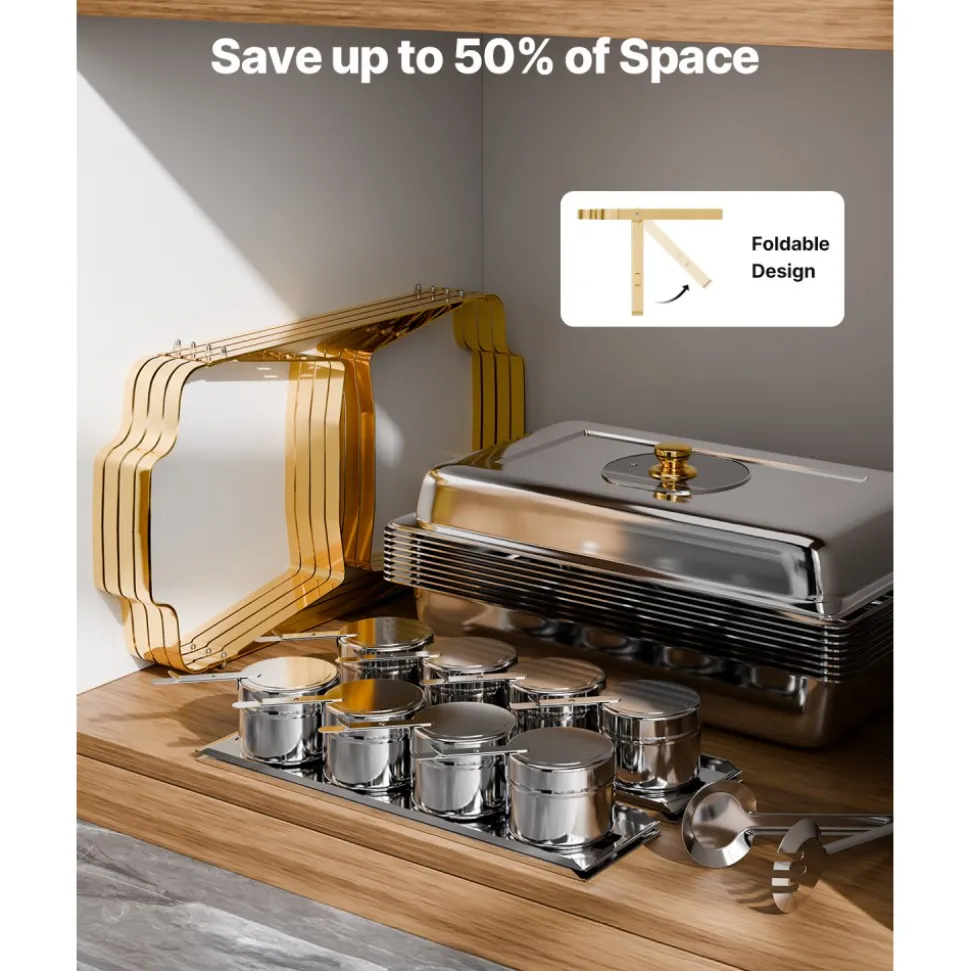 VEVOR Chafing Dish Buffet Set, 8 Qt 2 Pack, Stainless Steel Chafer with 2 Full Size Pans, Rectangle Catering Warmer Server with Lid Water Pan Stand Fuel Holder, for Wedding Party Banquet, Rose Gold