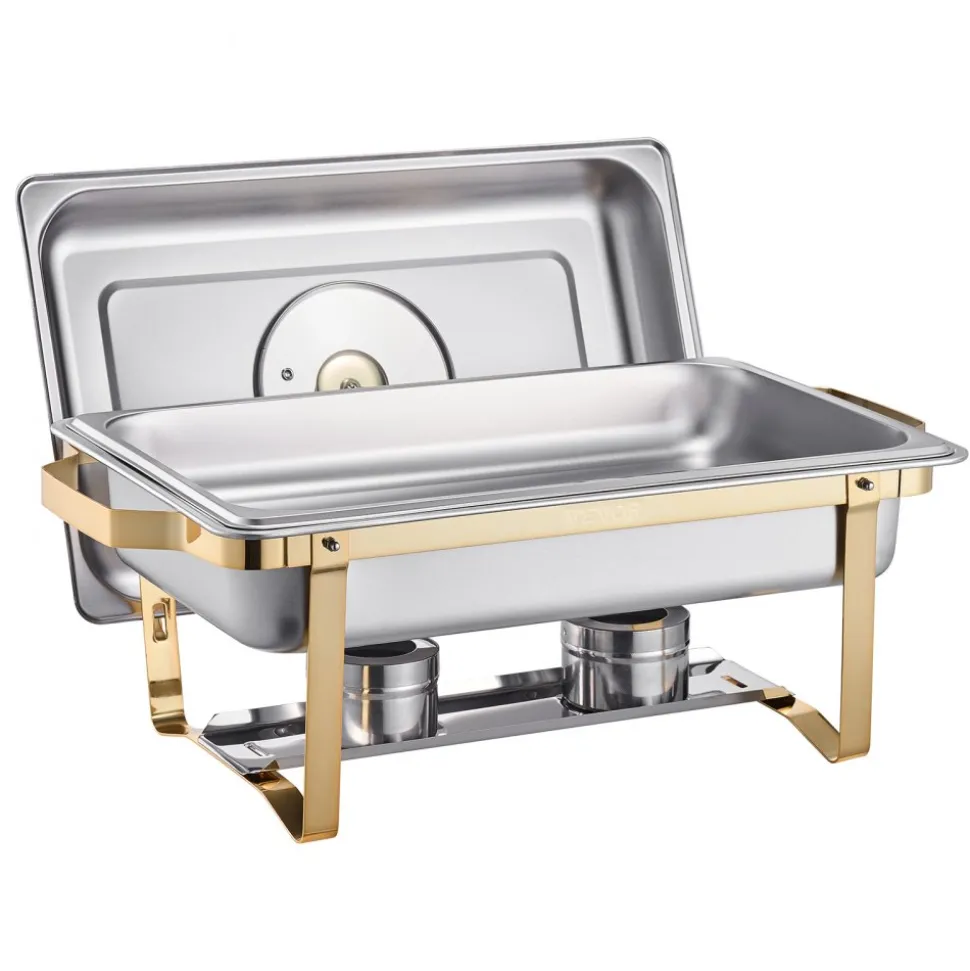 VEVOR Chafing Dish Buffet Set, 8 Qt 2 Pack, Stainless Steel Chafer with 2 Full Size Pans, Rectangle Catering Warmer Server with Lid Water Pan Stand Fuel Holder, for Wedding Party Banquet, Rose Gold
