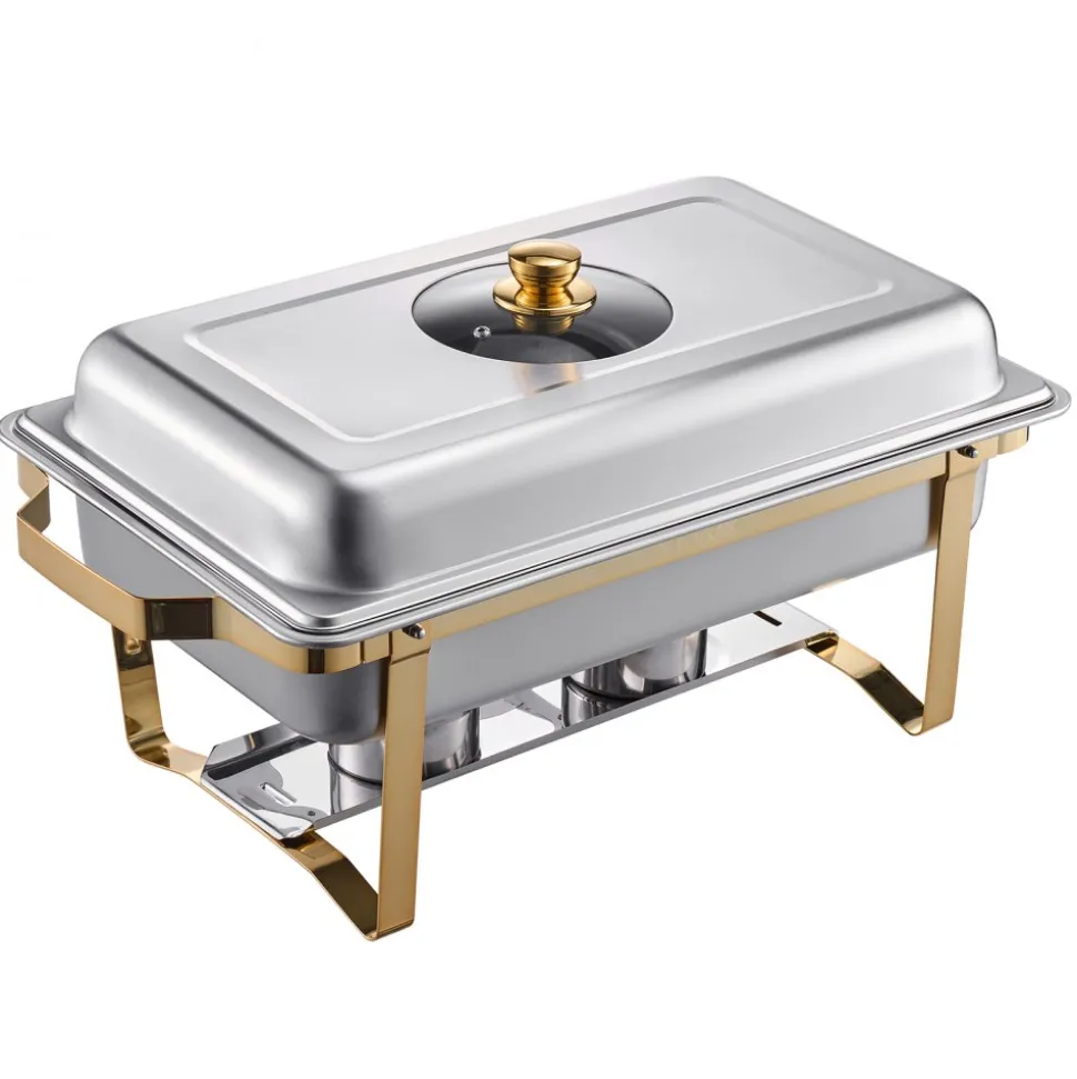 VEVOR Chafing Dish Buffet Set, 8 Qt 2 Pack, Stainless Steel Chafer with 2 Full Size Pans, Rectangle Catering Warmer Server with Lid Water Pan Stand Fuel Holder, for Wedding Party Banquet, Rose Gold
