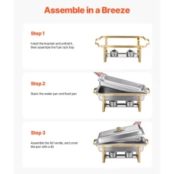 VEVOR Chafing Dish Buffet Set, 8 Qt 2 Pack, Stainless Steel Chafer with 2 Full Size Pans, Rectangle Catering Warmer Server with Lid Water Pan Stand Fuel Holder, for Wedding Party Banquet, Rose Gold