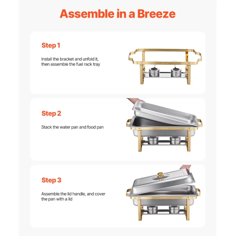 VEVOR Chafing Dish Buffet Set, 8 Qt 2 Pack, Stainless Steel Chafer with 2 Full Size Pans, Rectangle Catering Warmer Server with Lid Water Pan Stand Fuel Holder, for Wedding Party Banquet, Rose Gold