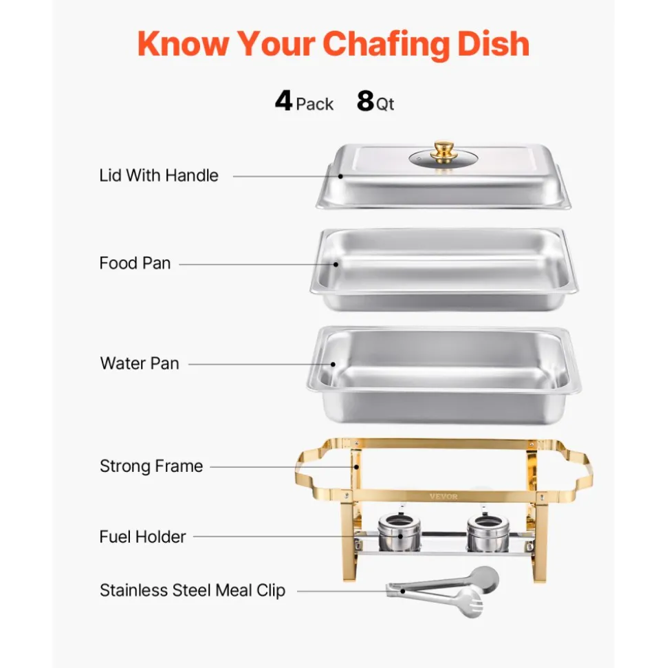 VEVOR Chafing Dish Buffet Set, 8 Qt 2 Pack, Stainless Steel Chafer with 2 Full Size Pans, Rectangle Catering Warmer Server with Lid Water Pan Stand Fuel Holder, for Wedding Party Banquet, Rose Gold