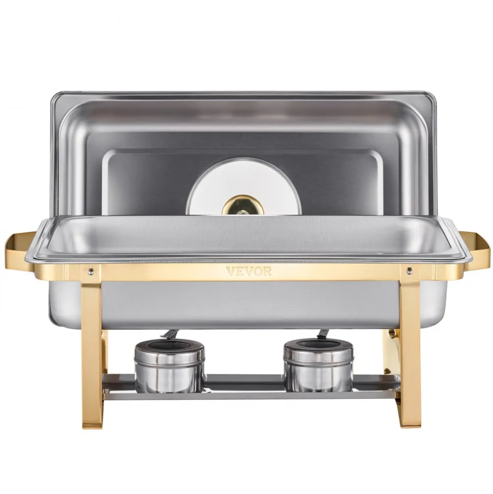VEVOR Chafing Dish Buffet Set, 8 Qt 2 Pack, Stainless Steel Chafer with 2 Full Size Pans, Rectangle Catering Warmer Server with Lid Water Pan Stand Fuel Holder, for Wedding Party Banquet, Rose Gold
