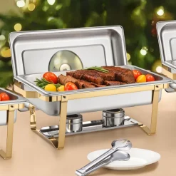 VEVOR Chafing Dish Buffet Set, 8 Qt 2 Pack, Stainless Steel Chafer with 2 Full Size Pans, Rectangle Catering Warmer Server with Lid Water Pan Stand Fuel Holder, for Wedding Party Banquet, Rose Gold