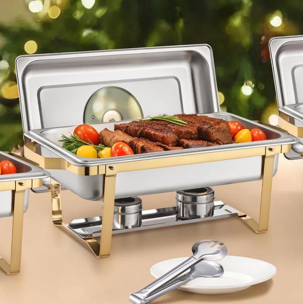 VEVOR Chafing Dish Buffet Set, 8 Qt 2 Pack, Stainless Steel Chafer with 2 Full Size Pans, Rectangle Catering Warmer Server with Lid Water Pan Stand Fuel Holder, for Wedding Party Banquet, Rose Gold