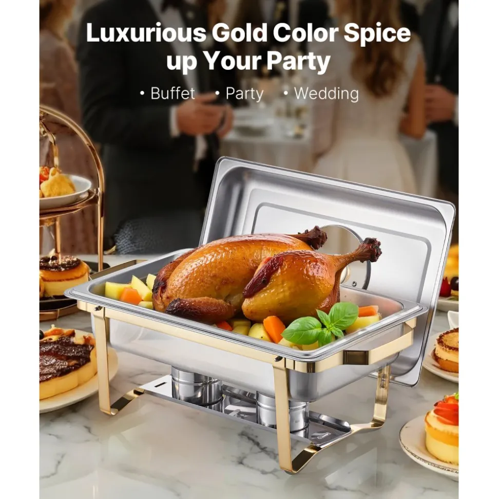 VEVOR Chafing Dish Buffet Set, 8 Qt 2 Pack, Stainless Steel Chafer with 2 Full Size Pans, Rectangle Catering Warmer Server with Lid Water Pan Stand Fuel Holder, for Wedding Party Banquet, Rose Gold