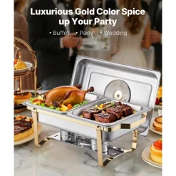 VEVOR Chafing Dish Buffet Set, 4 Qt 2 Pack, Stainless Steel Chafer with 4 Half Size Pans, Rectangle Catering Warmer Server with Glass Lid Water Pan Folding Stand Fuel Holder, for Wedding Party Banquet