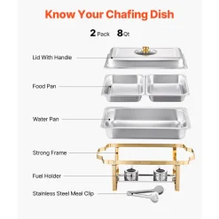 VEVOR Chafing Dish Buffet Set, 4 Qt 2 Pack, Stainless Steel Chafer with 4 Half Size Pans, Rectangle Catering Warmer Server with Glass Lid Water Pan Folding Stand Fuel Holder, for Wedding Party Banquet