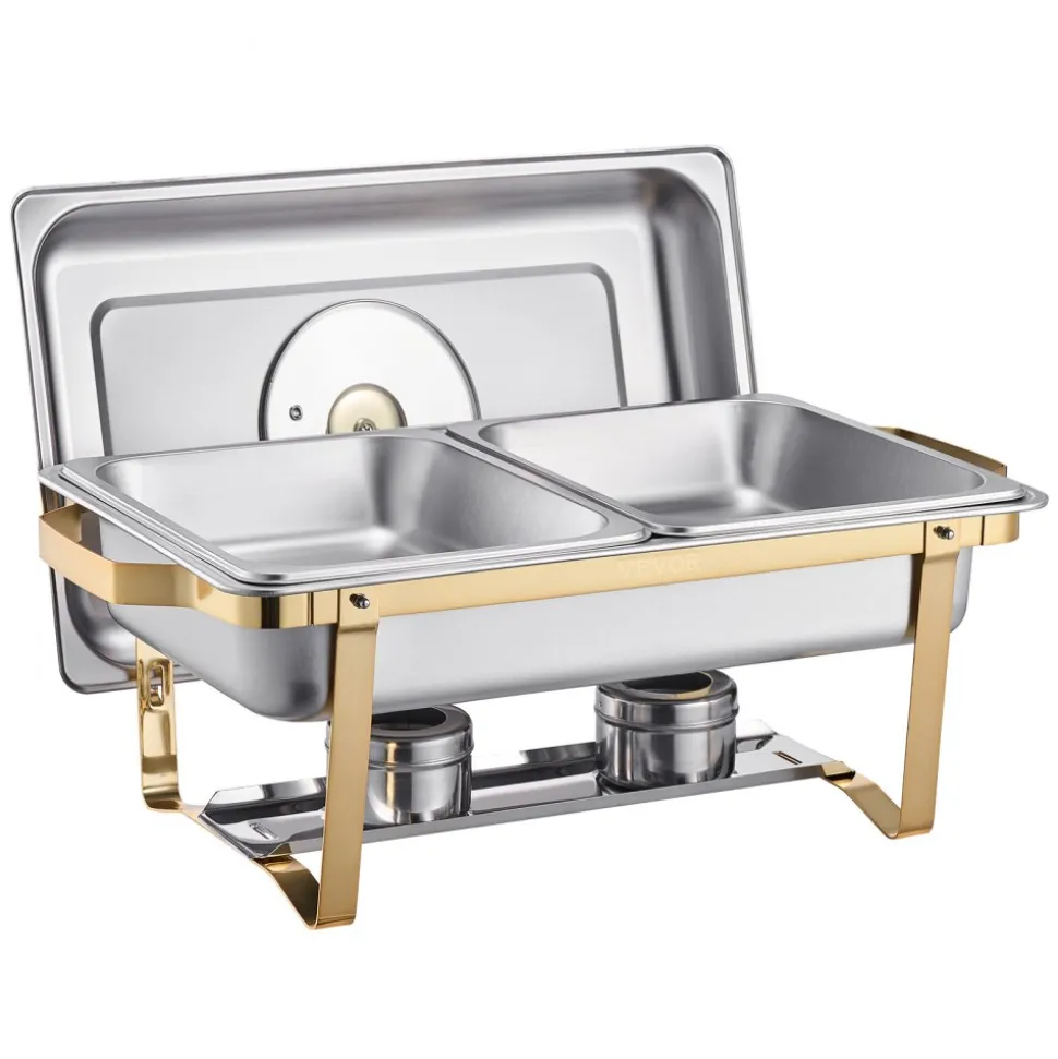 VEVOR Chafing Dish Buffet Set, 4 Qt 2 Pack, Stainless Steel Chafer with 4 Half Size Pans, Rectangle Catering Warmer Server with Glass Lid Water Pan Folding Stand Fuel Holder, for Wedding Party Banquet